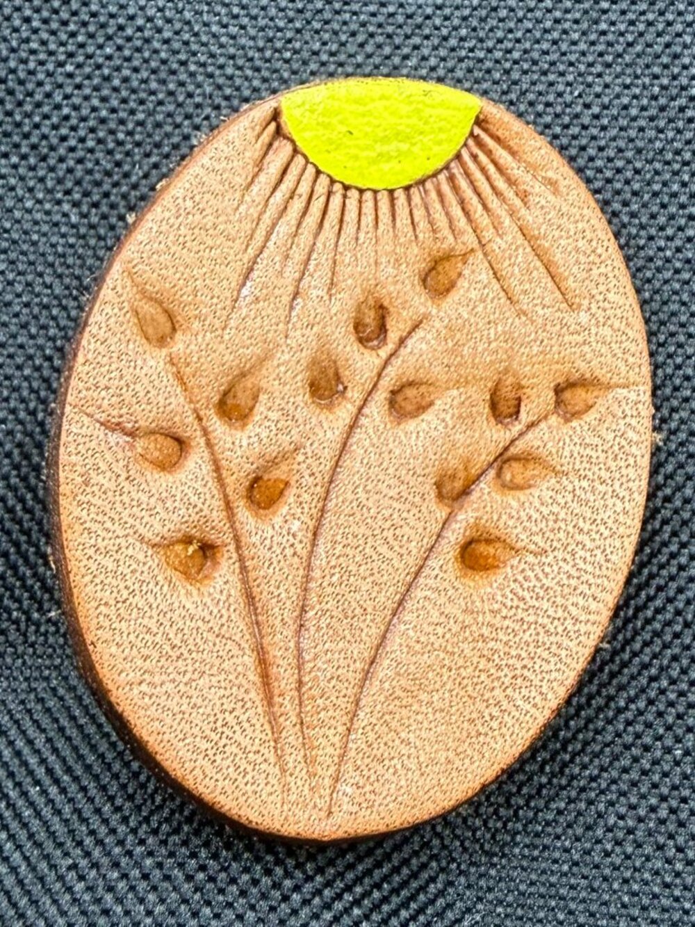 Vintage Hand-Tooled Stamped Leather Sun & Wheat Brooch